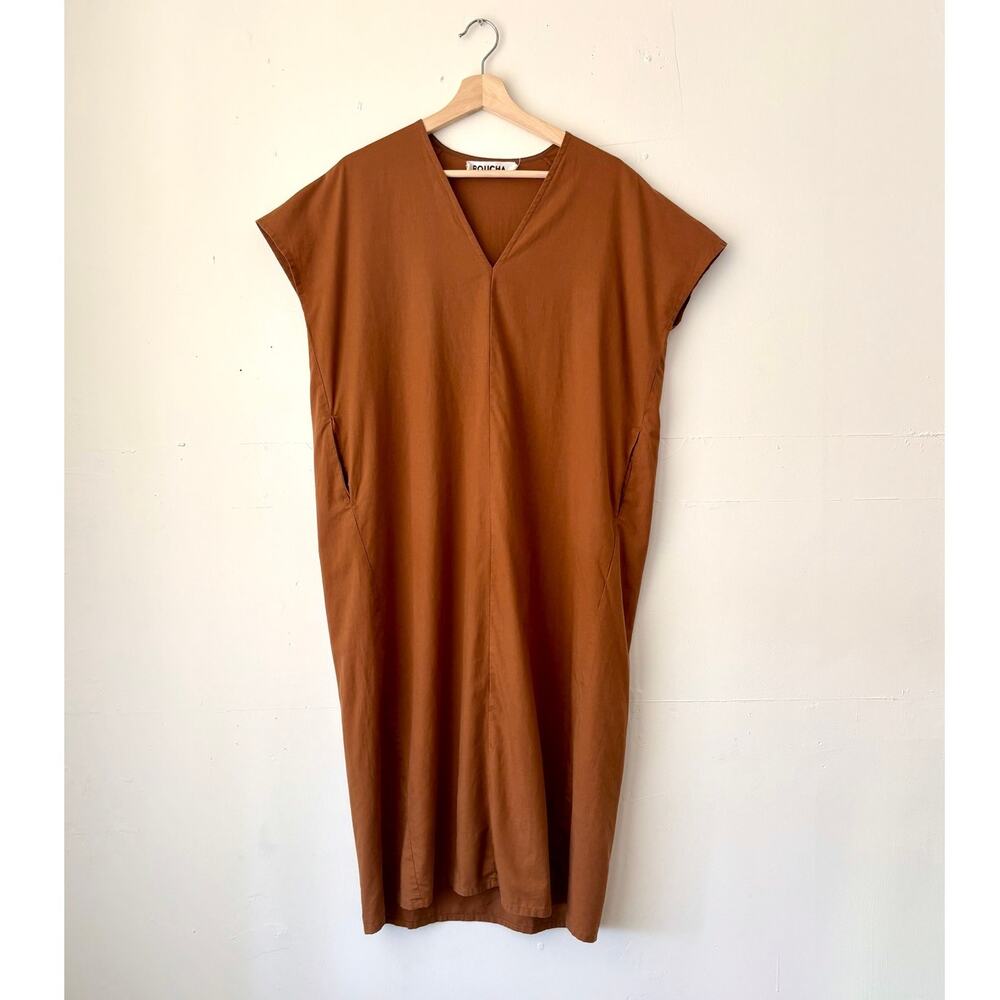 $252 Roucha Brown V-Neck Midi Shift Dress Minimalist Quiet Luxury Size AA Small